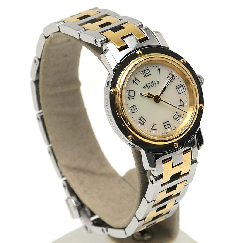 ☆極美品 クリッパー ナクレ HERMES エルメス 時計 コンビ シェル HERMES（エルメス） クリッパー ナクレ CL4.220 SSxGP ホワイトシェル