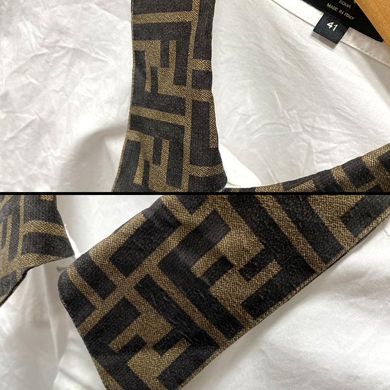 フェンディ ズッカ柄カラー 長袖シャツ FS0751 コットン ホワイト FENDI（フェンディ） ズッカ柄カラー 長袖シャツ FS0751 コットン