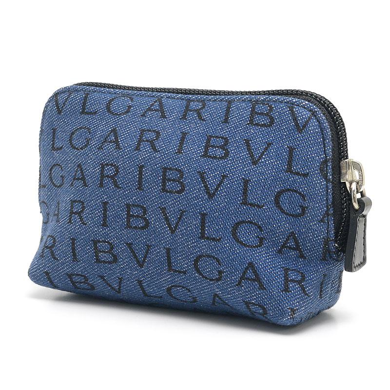 BVLGARI シルバー ブルー ポーチ BVLGARI（ブルガリ） コスメポーチ スモールサイズ ロゴマニア デニム