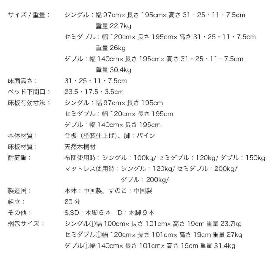 涼風すのこベッド　通気性抜群　桐すのこベッド　【susu/スースー】細桐すのこ　ダブル　高さ調節4段階　並べて使える　ベッド　5-004 |  | 20