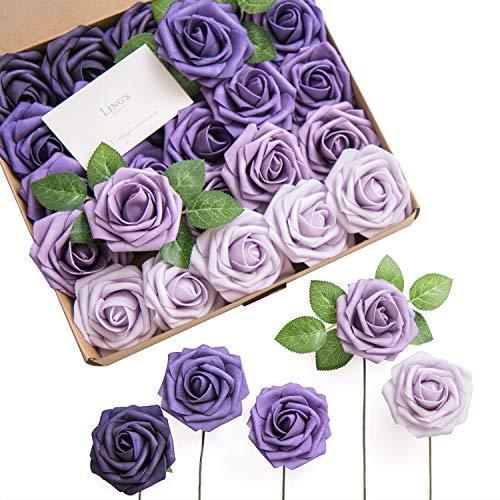 Ling's moment 人工ローズフラワー 50個 パープルオンブレ フォームローズ 茎付き DIY ウェディングブーケ センターピ 並行輸入