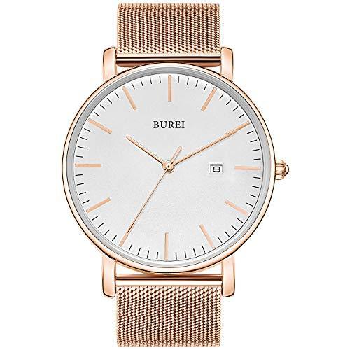 BUREI メンズ 腕時計 超薄型 クォーツ アナログ 腕時計 日付カレンダー ステンレススチール メッシュバンド  ローズゴールド｜kurichan-shop