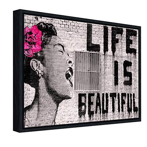 Wieco Art 額入りアート ジークレーキャンバスプリント バンクシー生活は美しい抽象アートワーク 壁装飾用 ブラックフレーム BA 並行輸入