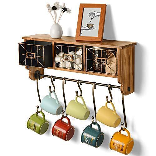 フック付き素朴な棚 コートラック 壁取り付け 木製壁棚 収納バスケット付き 玄関オーガナイザー コーヒーマグラック キッチン リビングル 並行輸入