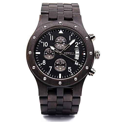 Bewell メンズ腕時計 W109D サブダイヤル搭載 木製バンド クオーツアナログムーブメント 日付表示 Black Sandalw｜kurichan-shop