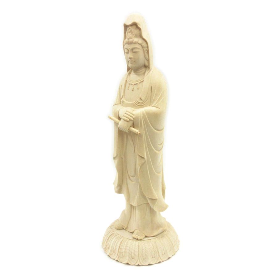 仏像 白衣観音 観音菩薩 立像 身丈6.5寸 総高24cm 蓮華座 桧木 木彫り
