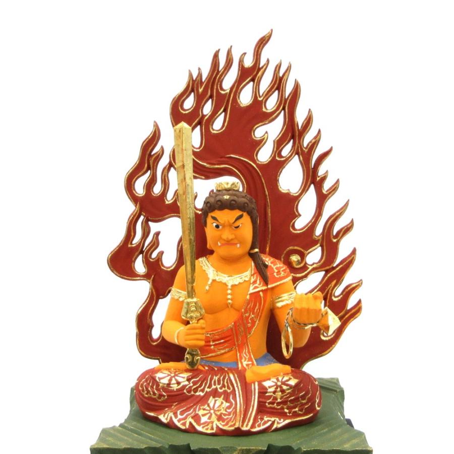 仏像 不動明王 座像 黄不動 3.5寸 四角台 火炎光背 桧木彩色 不動明王