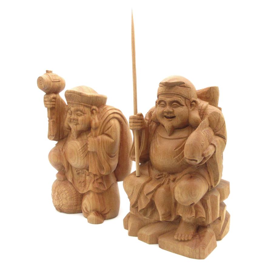 仏像 大黒天・恵比須天（恵比寿天） 総高21cm 欅木 七福神 大黒様