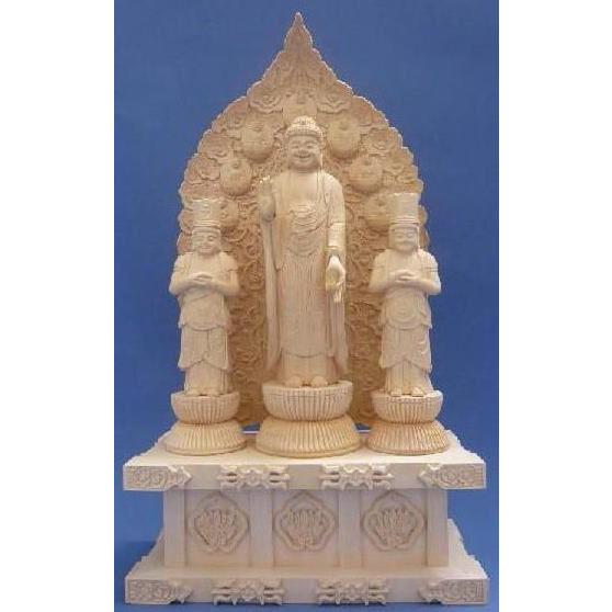 木彫仏像/阿弥陀三尊（善光寺風）締め高50珊桧木 楽器、手芸、コレクション-仏像-美術、工芸品