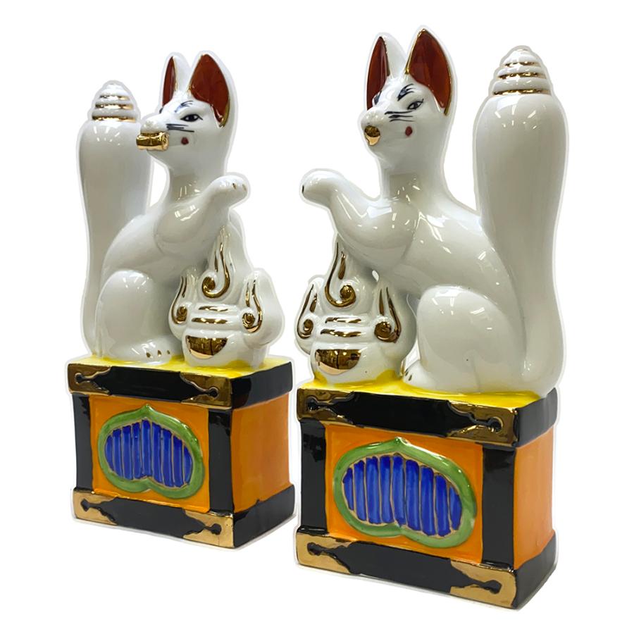 狐 一対 4寸 陶器 稲荷大明神 お稲荷さん お稲荷様 稲荷神 神具 : 栗田