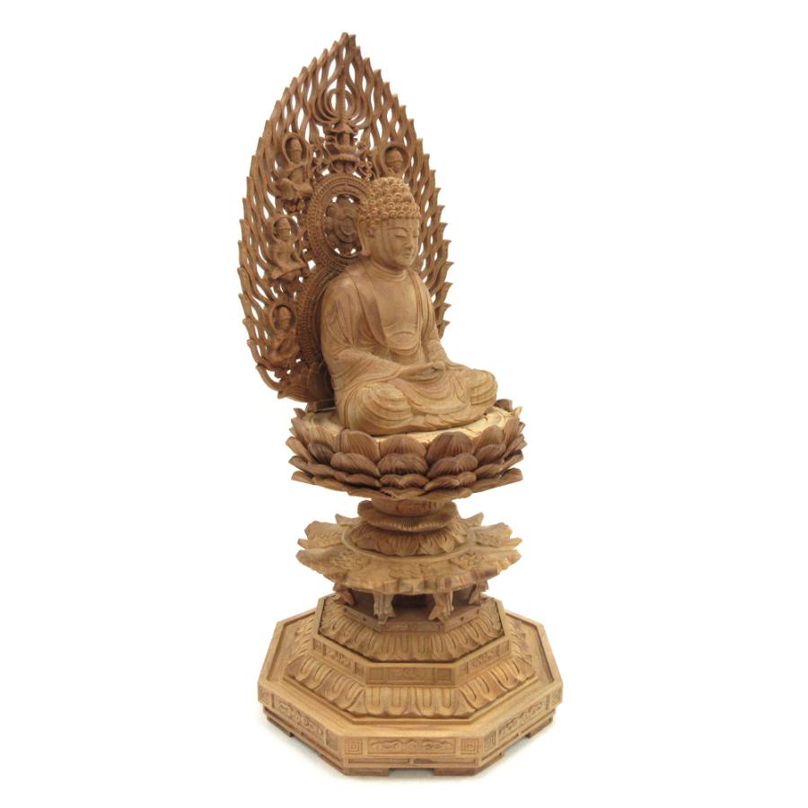仏像 釈迦如来 座像 2.5寸 飛天光背 八角台 総高26cm 白檀 : 栗田