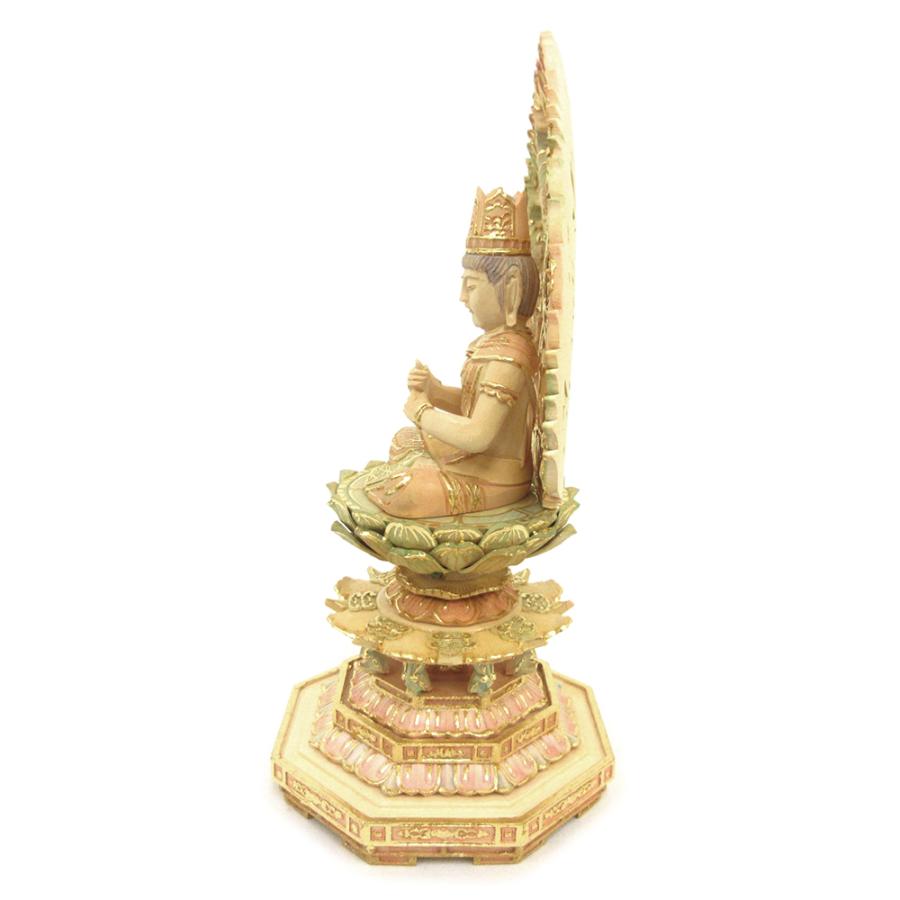 仏像 大日如来 金剛界 座像 身丈2.5寸 総高26cm 智拳印 飛天光背 八角台 桧木彩色 木彫り 木製 仏壇用 ご本尊 真言宗 密教 檜 ヒノキ_3