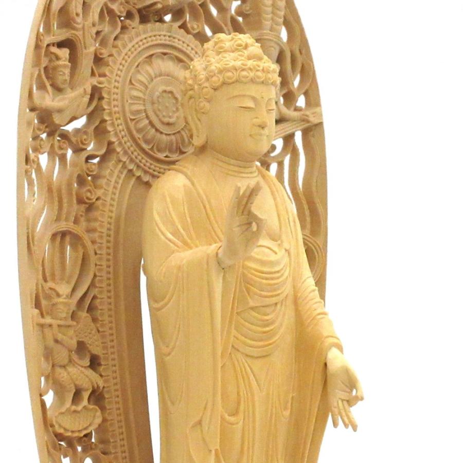 仏像 阿弥陀如来 阿弥陀如来像 立像 身丈4.0寸 総高28cm 舟型飛天光背 八角台 柘植 木彫り 木製 仏壇用 ご本尊 浄土宗 時宗 仏具 黄楊 ツゲ_3
