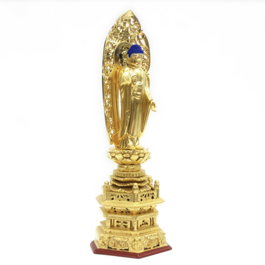 仏像 阿弥陀如来 立像 4.0寸 草光背 六角台 桧木金箔仕上げ 浄土宗