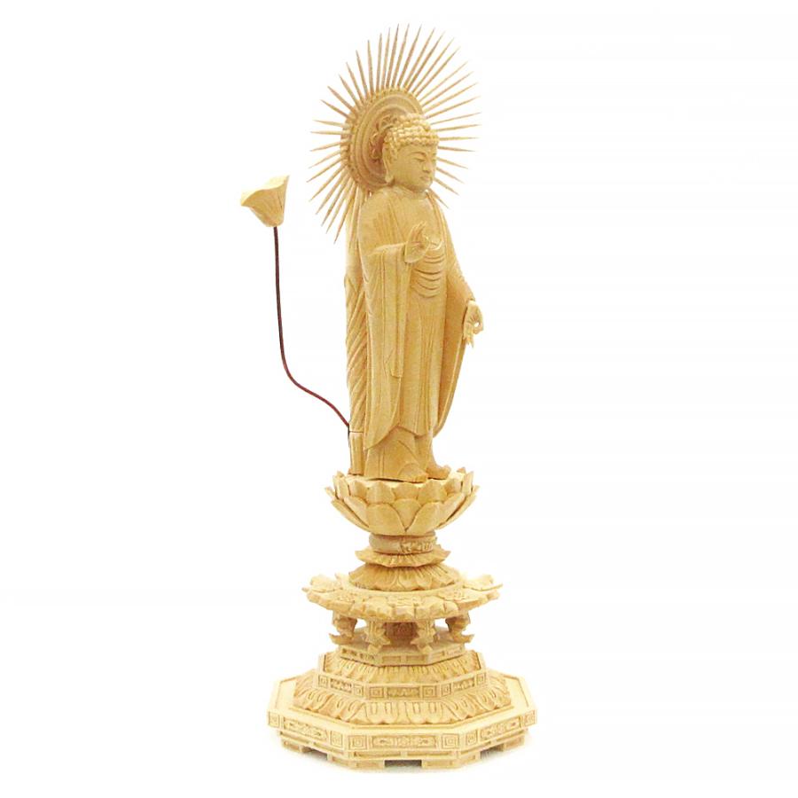 仏像 東立弥陀 阿弥陀如来 阿弥陀如来像 立像 身丈4.0寸 総高27cm 放射円光背 八角台 桧木 木彫り 木製 仏壇用 ご本尊 浄土真宗 大谷派 東本願寺 仏具 檜 ヒノキ_1