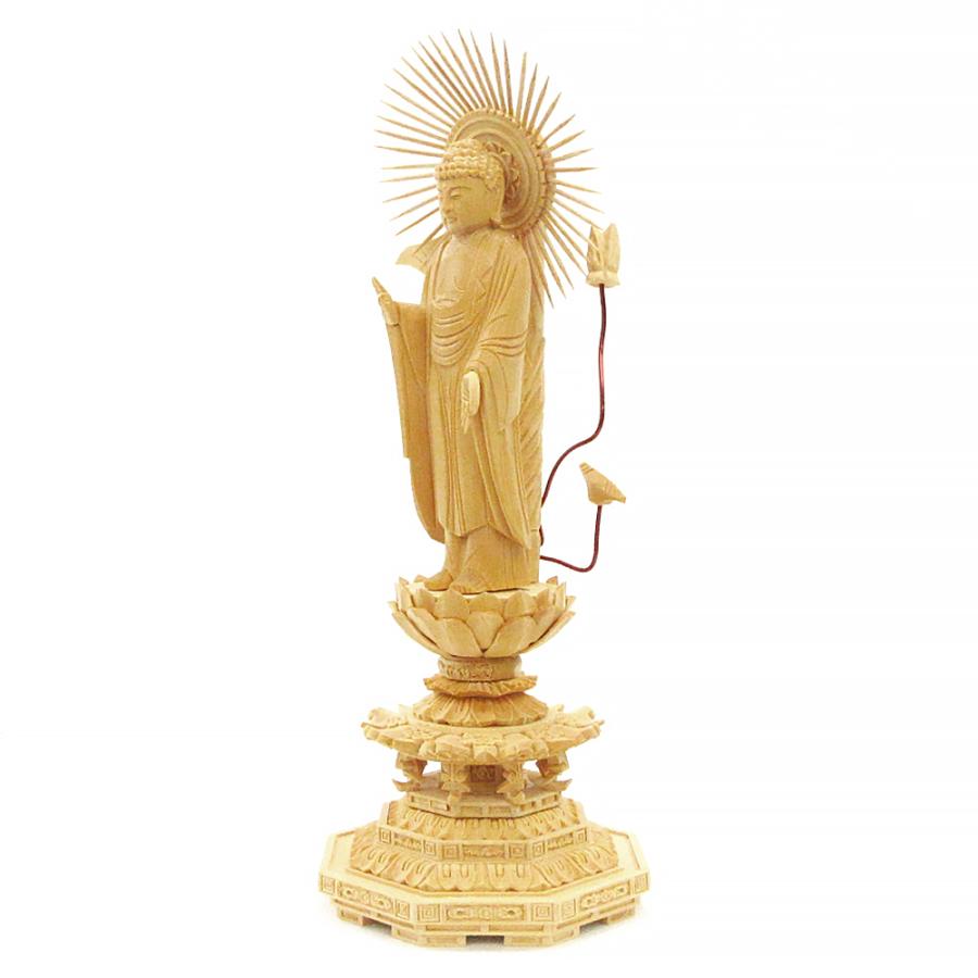 仏像 東立弥陀 阿弥陀如来 阿弥陀如来像 立像 身丈4.0寸 総高27cm 放射円光背 八角台 桧木 木彫り 木製 仏壇用 ご本尊 浄土真宗 大谷派 東本願寺 仏具 檜 ヒノキ_2