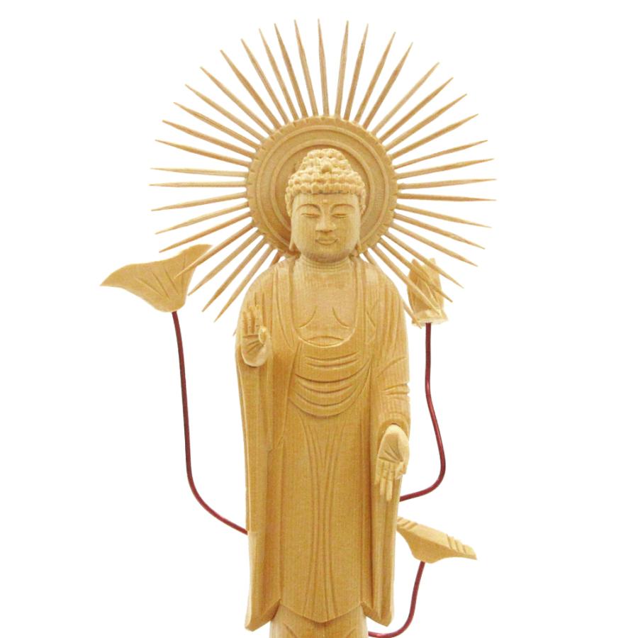 仏像 東立弥陀 阿弥陀如来 阿弥陀如来像 立像 身丈4.0寸 総高27cm 放射円光背 八角台 桧木 木彫り 木製 仏壇用 ご本尊 浄土真宗 大谷派 東本願寺 仏具 檜 ヒノキ_3