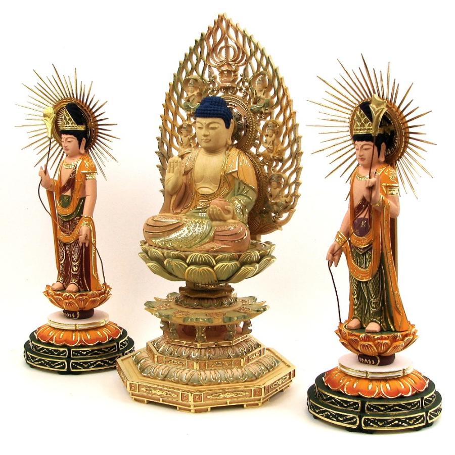 仏像 薬師三尊 （薬師3.5寸飛天光背八角台、日光月光5.0寸） 桧木彩色_2