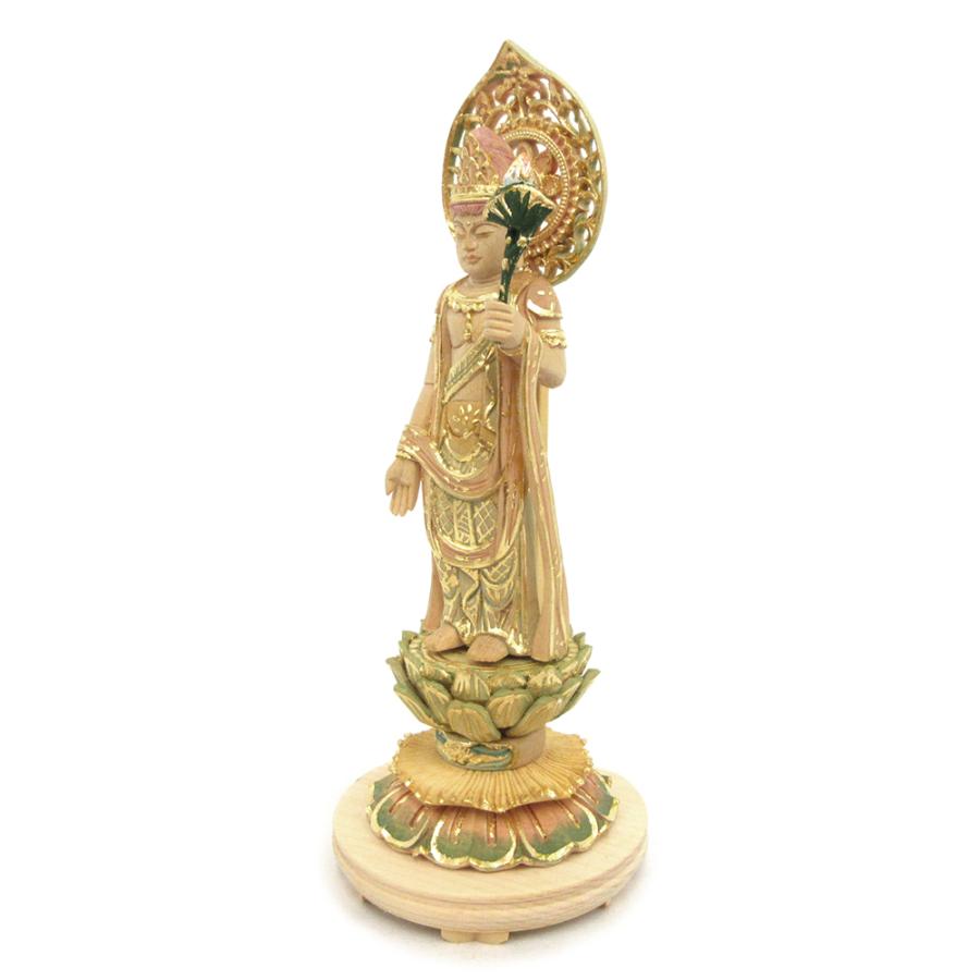 仏像 聖観音菩薩 立像 3.0寸 宝珠光背 円台 桧木彩色 観世音菩薩 観自在菩薩 六観音 観音像_2