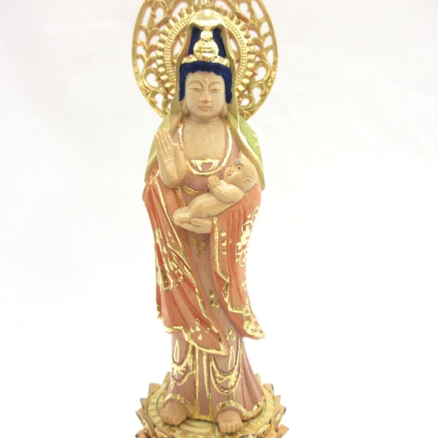 仏像 慈母観音菩薩 立像 総高21cm 宝珠光背 円台 桧木淡彩色 仏像 慈母観音菩薩 立像 総高21cm 宝珠光背 円台 桧木淡彩色