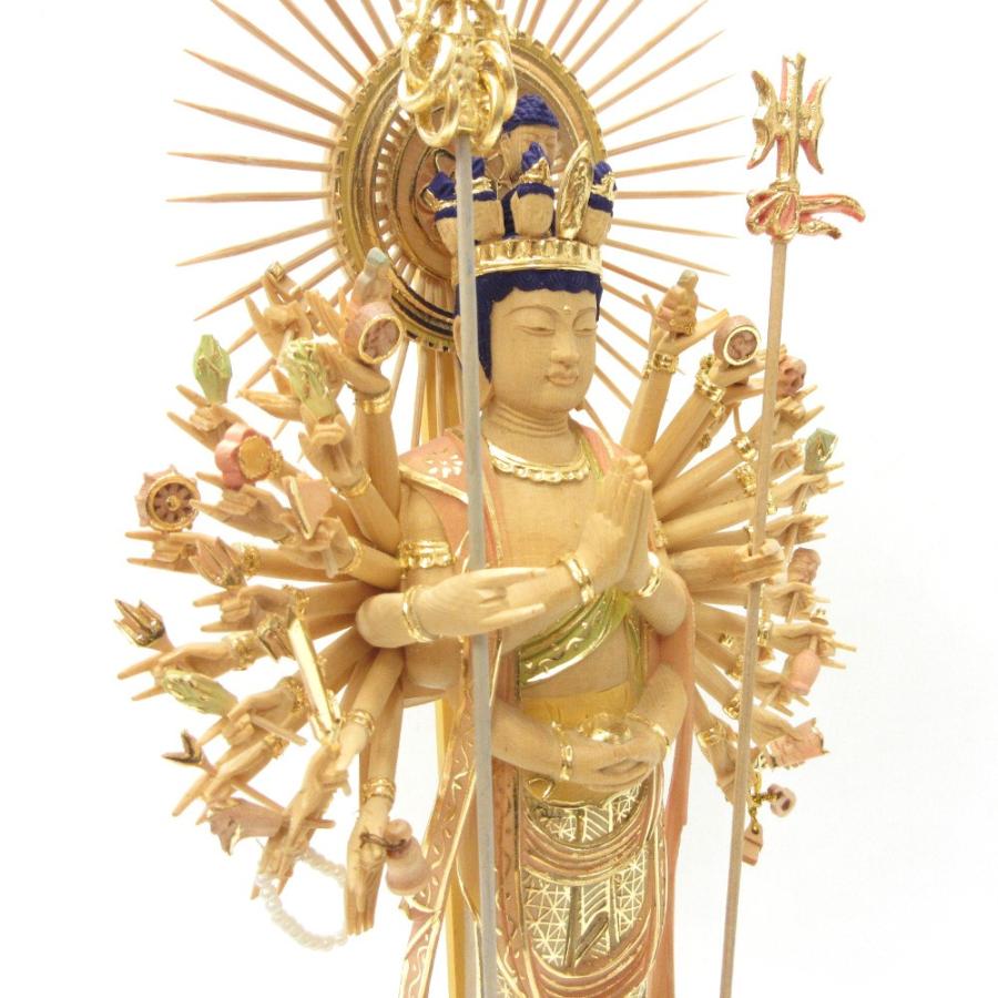 仏像 千手観音菩薩 立像 6.0寸 円光背 八角台 桧木彩色 観音菩薩 六