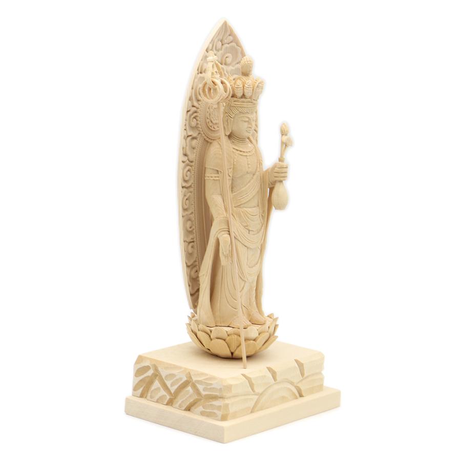 仏像 十一面観音菩薩 立像 錫杖持 4.0寸 雲状光背 四角台 桧木