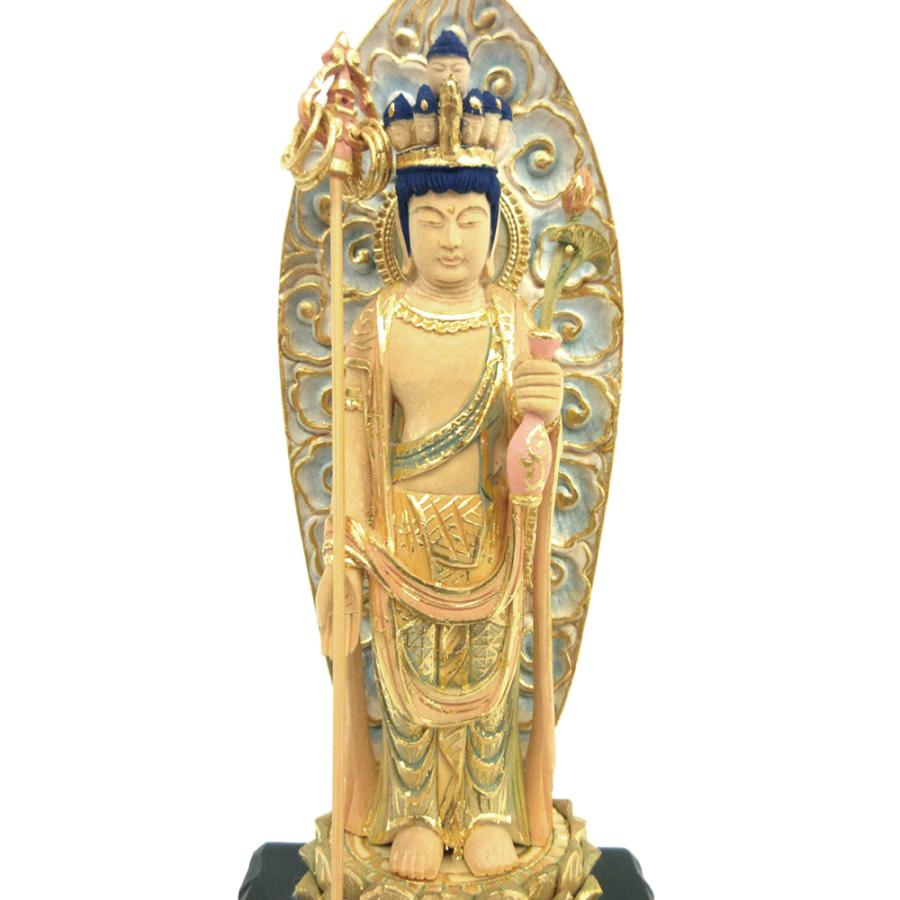 仏像 十一面観音菩薩 立像 錫杖持 4.0寸 雲状光背 四角台 桧木彩色 六