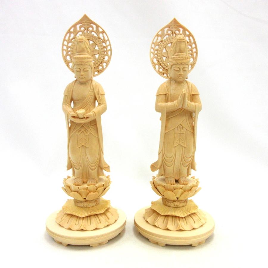 仏像 聖観音菩薩 勢至菩薩 立像 4.0寸 一対 宝珠光背 円台 桧木 観音像