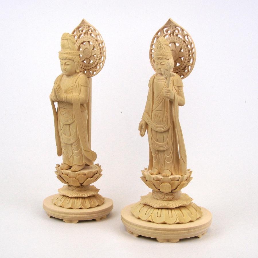 仏像 聖観音菩薩（蓮華持） 勢至菩薩 立像 4.0寸 一対 宝珠光背 円台