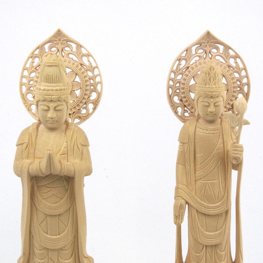 仏像 聖観音菩薩（蓮華持） 勢至菩薩 立像 4.0寸 一対 宝珠光背 円台