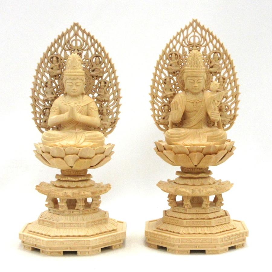 修縁堂】木彫り 仏像 文殊菩薩 普賢菩薩座像一式 彫刻 仏教工芸品 柘植