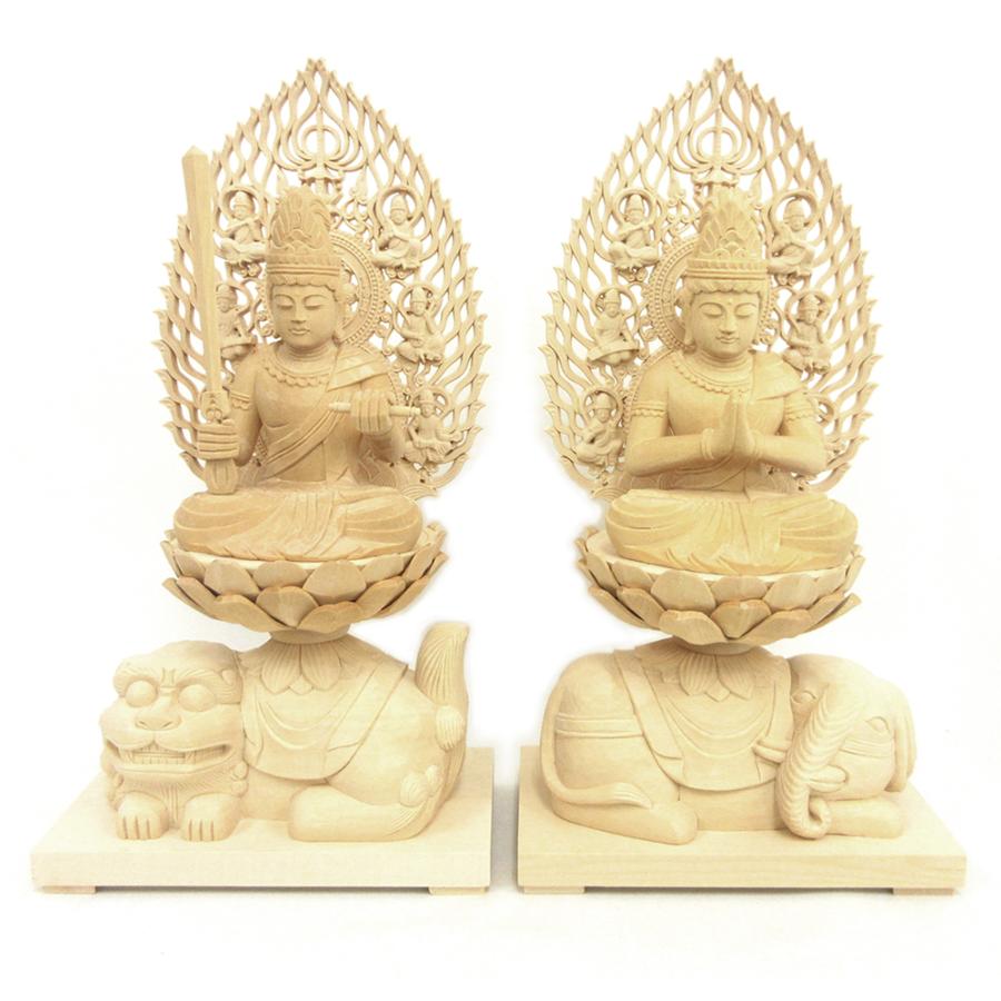 仏像 文殊菩薩（獅子座） 普賢菩薩（象座合掌形） 一対 3.5寸 飛天光背
