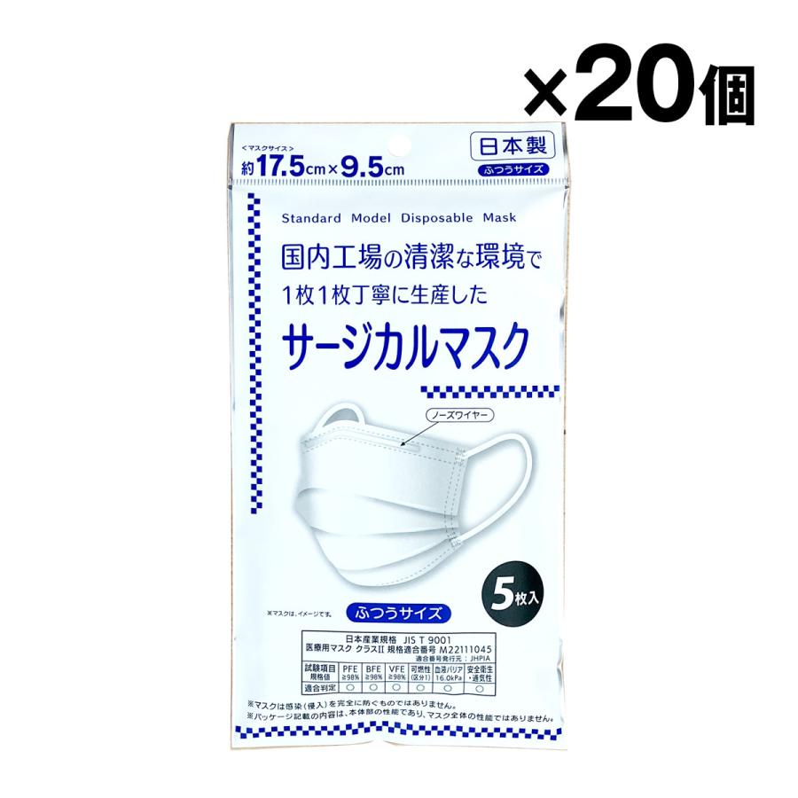 日本製 サージカルマスク ふつうサイズ 99％カットフィルター 5枚入×20