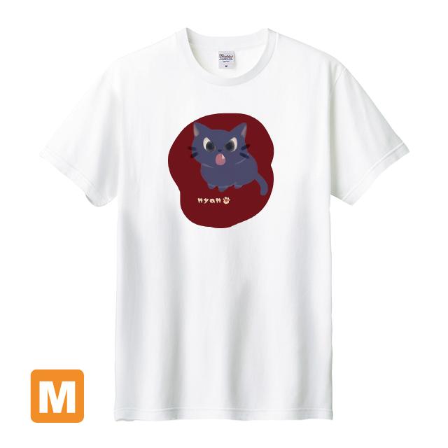 Tシャツ 白 Mサイズ 半袖 イラストプリント nyan 豆球 猫