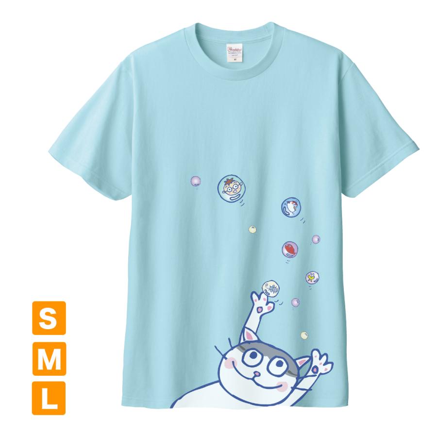 キャラクター プリント 半袖Tシャツ L 半袖 カラー Tシャツ ネコ イラストプリント シャボン玉ごんさん