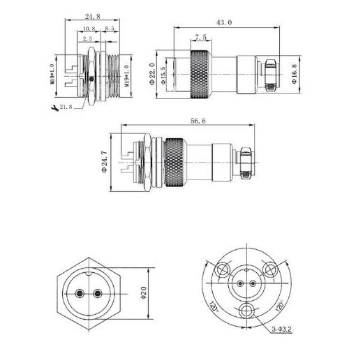 1ペアGX20 20mm 7ピン メタルコネクターオスプラグ＋メスプラグ＋