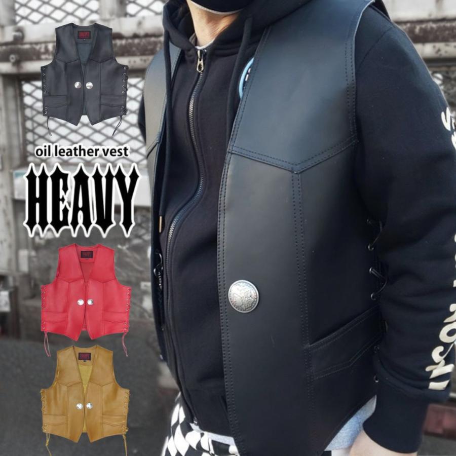 HEAVY Red Label オイルドレザーベスト BLACK/RED/TAN : 黒革レザー
