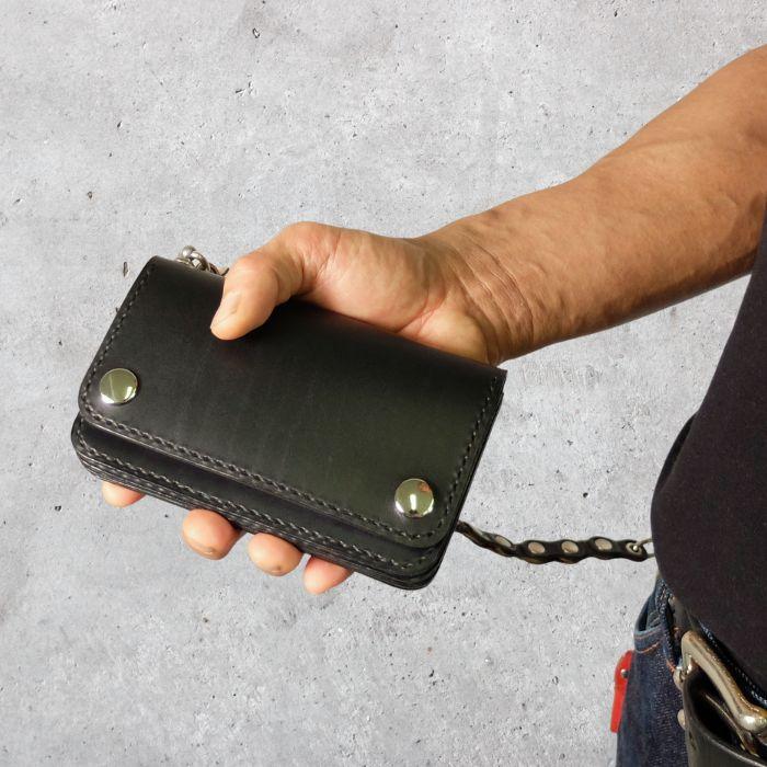 黒革レザークラフト ショートトラッカーウォレット 本革 ミニ財布