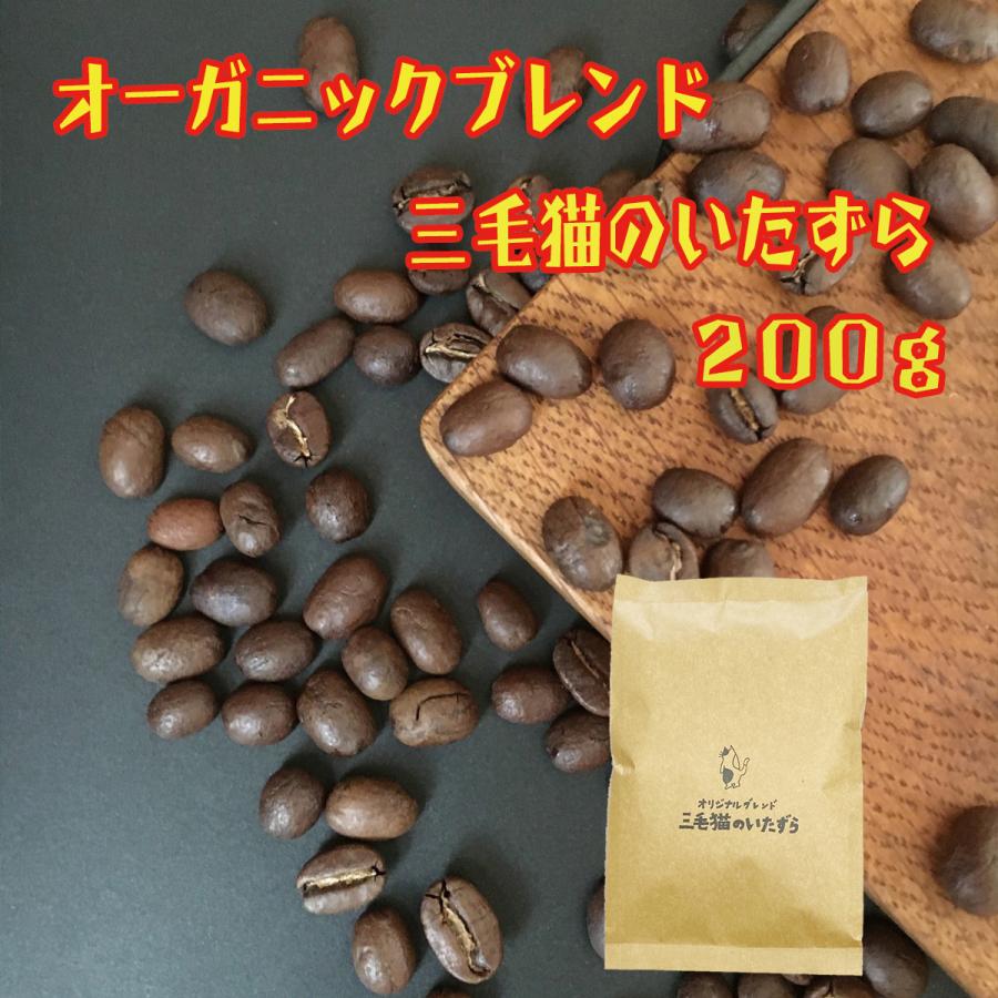 コーヒー豆 200g 自家焙煎 珈琲 オーガニックブレンド コーヒー 約20杯分 三毛猫のいたずら 送料無料｜kuroneko-coffee