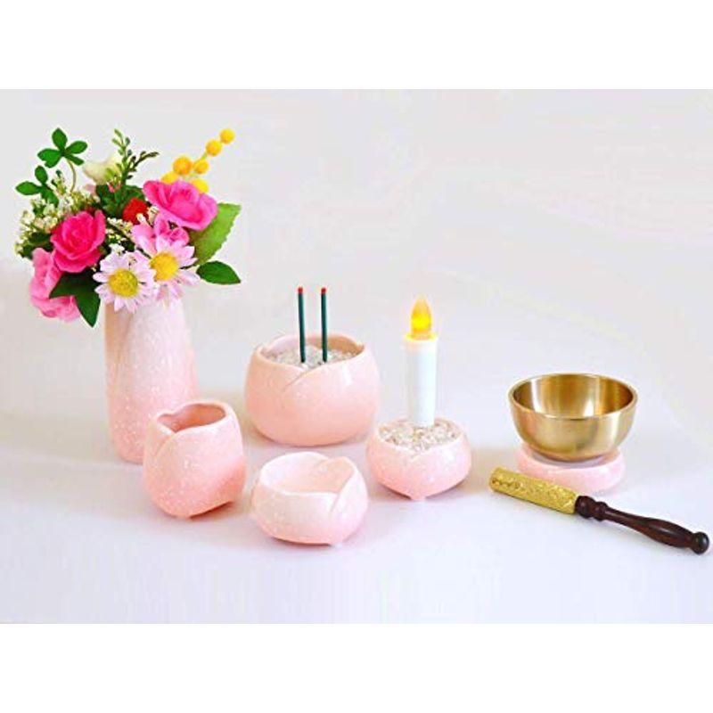 花蓮国産陶器仏具 やわらぎ さくら 5点 タイマー式LED組合せ LEDろうそく LED線香 仏花・3A天然水晶つぶ付き 10分自動消灯…