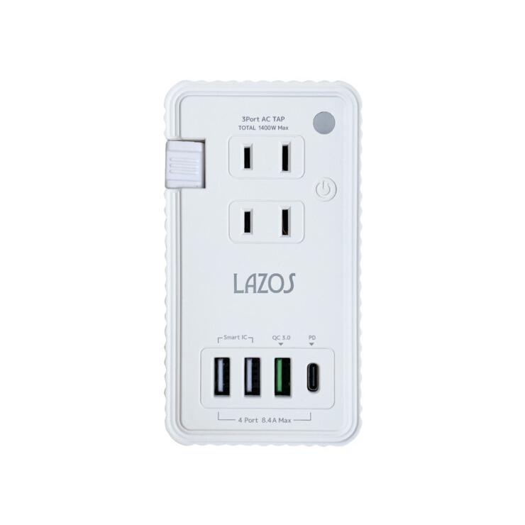 AC電源タップ＆USB充電器 最大出力50W ケーブル収納式タップ＆ACチャージャー Lazos L-PSAC-W2/6691/送料無料｜kurukumin2002