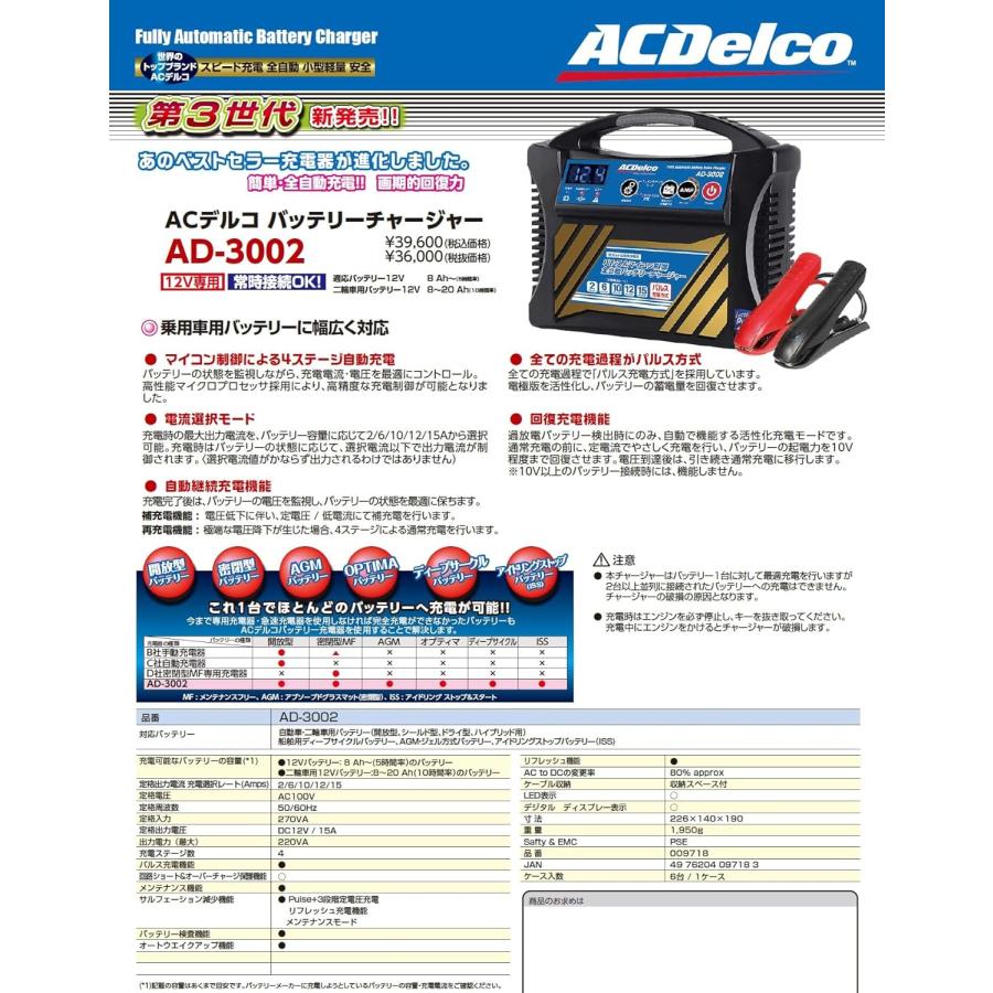 AD-3002 ACDelco(エーシーデルコ) 全自動バッテリー充電器 12V専用