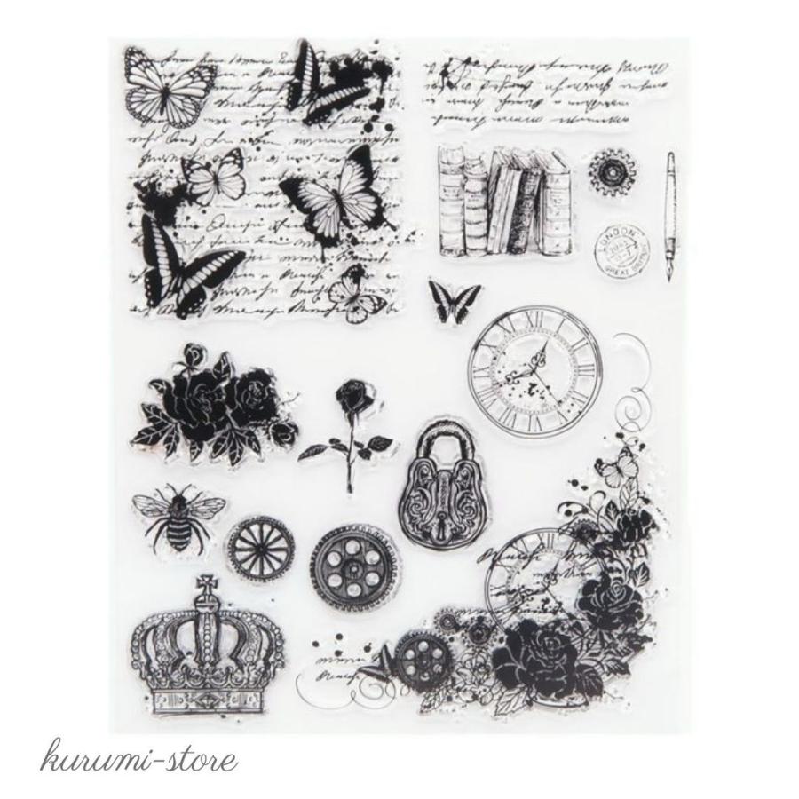 クリアスタンプ 蝶 薔薇 王冠 本 チョウ バラ はんこ アルバム 海外