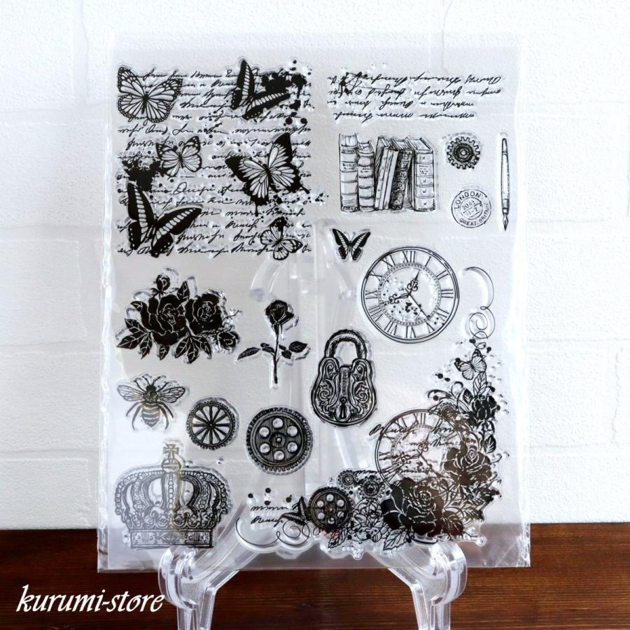 クリアスタンプ 蝶 薔薇 王冠 本 チョウ バラ はんこ アルバム 海外