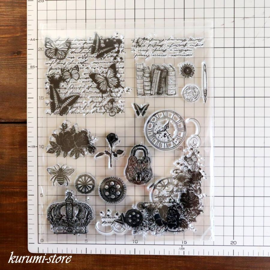 クリアスタンプ 蝶 薔薇 王冠 本 チョウ バラ はんこ アルバム 海外