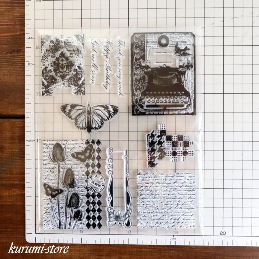 クリアスタンプ 蝶 タイプライター レトロ スクラップブッキング