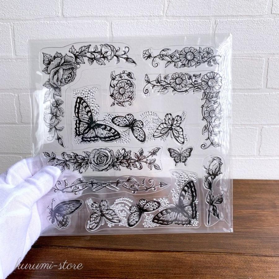 クリアスタンプ 蝶 薔薇 飾り枠 チョウ バラ レトロ スクラップ