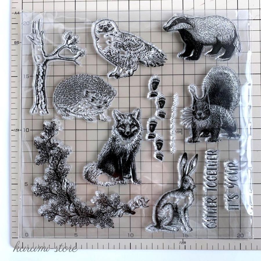 キラキラ動物スタンプ￼ クリアスタンプ アナグマ リス ハリネズミ 動物 はんこ アルバム 海外