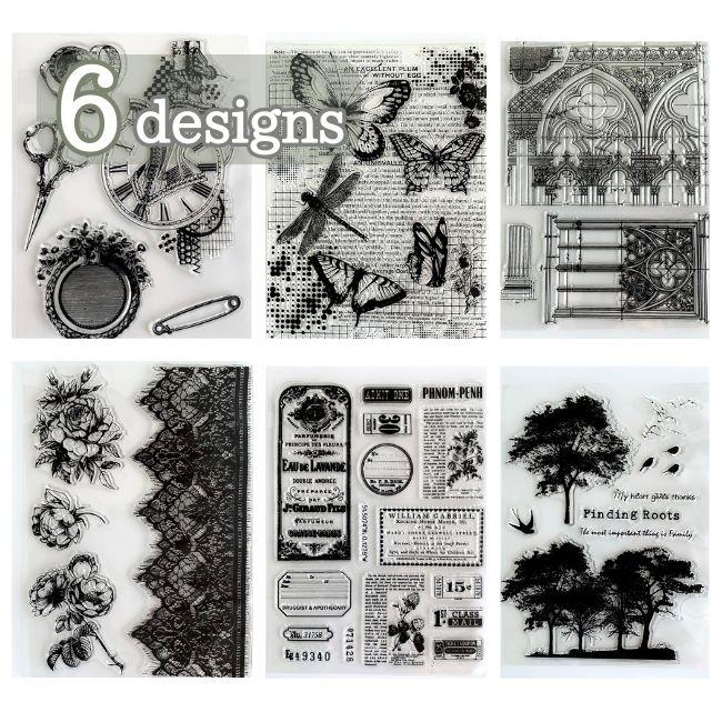 クリアスタンプ 蝶 バラ レース ラベル タグ コルセット ハサミ 建物