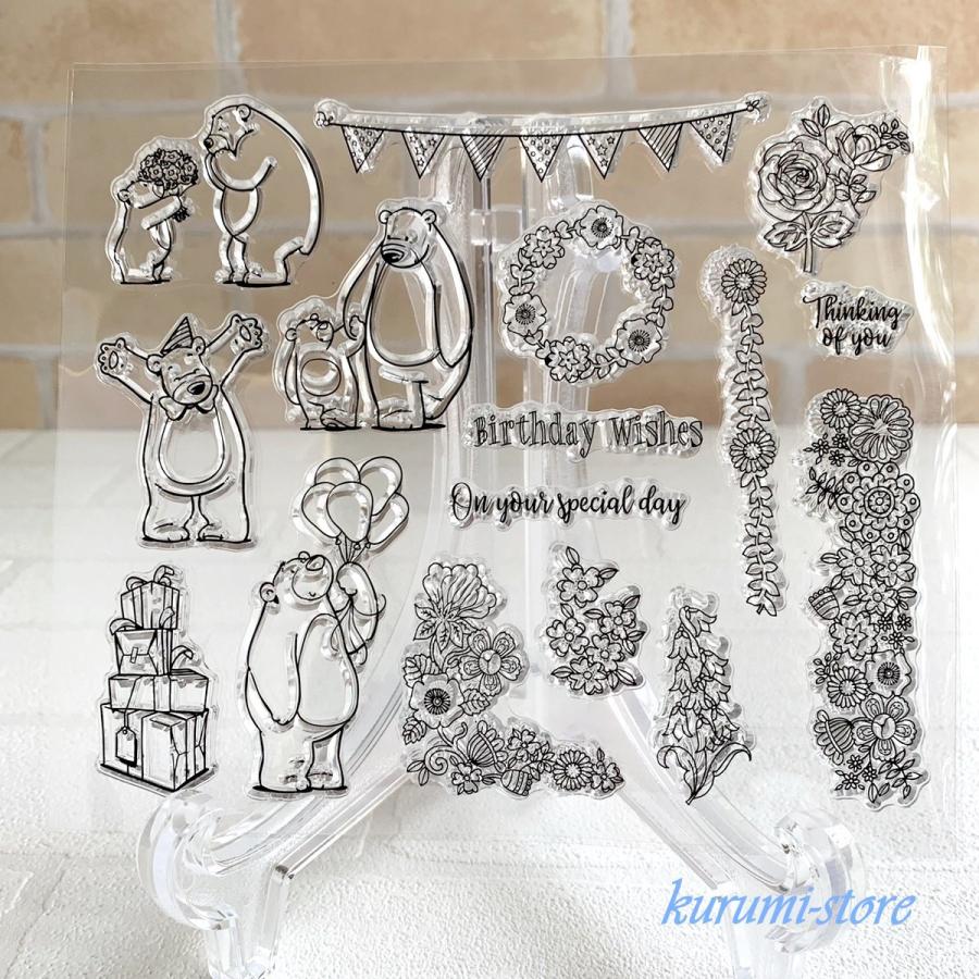 クリアスタンプ カッティングダイ ベア 花 熊 植物 海外